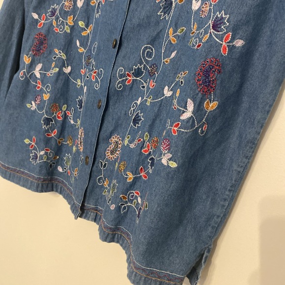 Women's Embroidered Denim Cortagecore Long Sleeve Shirt Floral Boho Y2K Chambray - Picture 5 of 13
